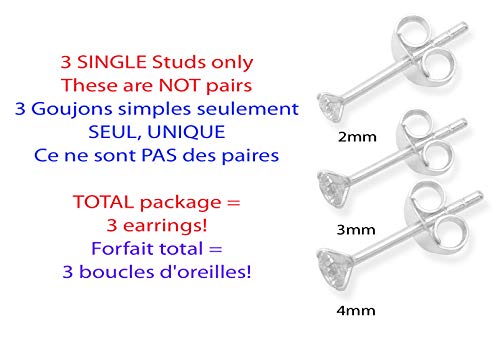 Juego de 3 pendientes individuales de plata de ley con circonita cúbica – 3 pendientes redondos – tamaños: 1 individual cada uno de 2 mm, 3 mm y 4 mm. Caja de regalo 5768SET/SINGLES