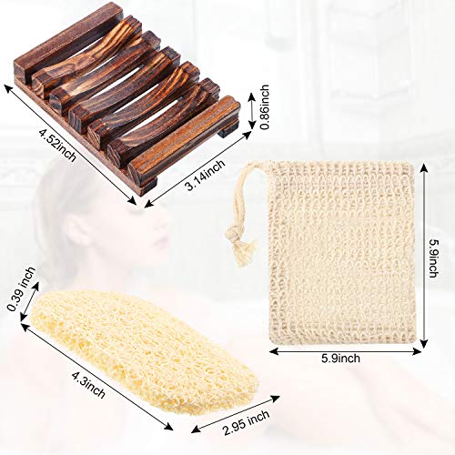 Juego de 6 Jaboneras de Bambú, 2 Caja de Jabón de Madera y 2 Almohadilla de Protector de Jabón con 2 Bolsa de Exfoliación de Jabón Soporte de Jabón Accesorios para Jabón de Baño Cocina