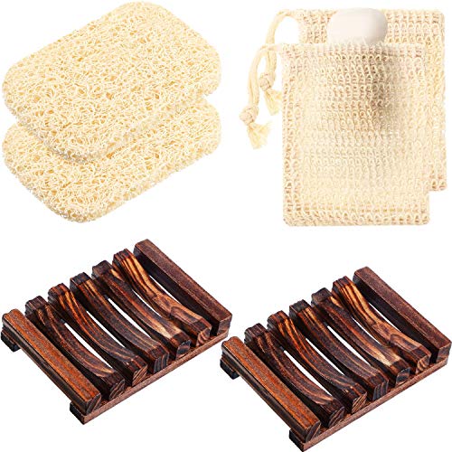 Juego de 6 Jaboneras de Bambú, 2 Caja de Jabón de Madera y 2 Almohadilla de Protector de Jabón con 2 Bolsa de Exfoliación de Jabón Soporte de Jabón Accesorios para Jabón de Baño Cocina