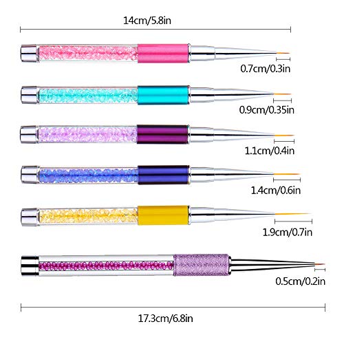 Juego de 6 pinceles para arte de uñas superfinos con gel UV para pintura de uñas, pinceles de arte para pinceles, detalles, pintura, mezcla, líneas alargadas,5/7/9/11/14/19 mm