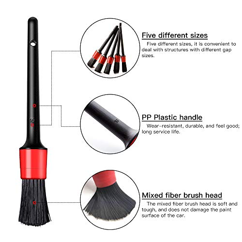 Juego de Cepillo de Limpieza, 5Pcs Auto Detailing Brush Set, Pincel Limpieza de Detalles con Tamaños Diferentes parael Interior y Exterior de Coche, Motor, Emblemas, Ventilación de Aire