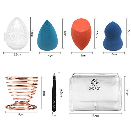 Juego de esponjas de maquillaje 8 en 1 Energy Beauty con esponja mezcladora, estuche de viaje, soporte para esponjas de maquillaje, ideal para viajes (1 naranja, 1 azul y 1 mezclilla) …