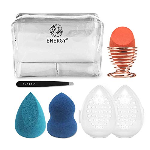 Juego de esponjas de maquillaje 8 en 1 Energy Beauty con esponja mezcladora, estuche de viaje, soporte para esponjas de maquillaje, ideal para viajes (1 naranja, 1 azul y 1 mezclilla) …