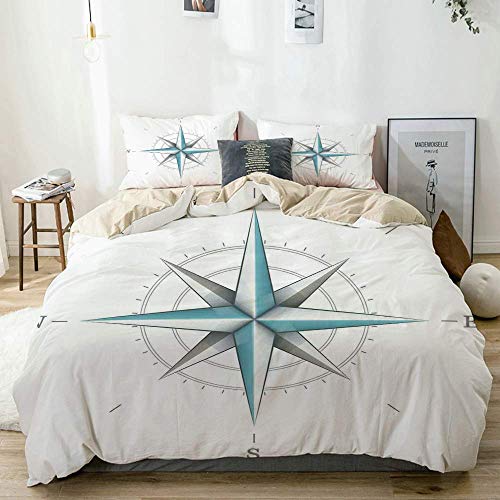 Juego de funda nórdica Beige, brújula Diagrama antiguo de rosa de los vientos para direcciones cardinales Ilustración del eje de la tierra verde azulado y gris oscuro, juego de cama decorativo de 3 pi