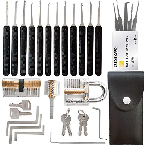 Juego de Ganzúas 30 Piezas + 3 Candados Transparentes para Prácticas y Tarjeta de Crédito con Ganzúas Set de Herramientas LockCowboy + Regalo: Guía Electrónica para Cerrajeros Novatos y Profesionales
