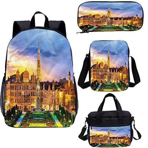 Juego de libreros europeos de 15 pulgadas para niños, diseño de ciudad de Bruselas, 4 en 1 mochila
