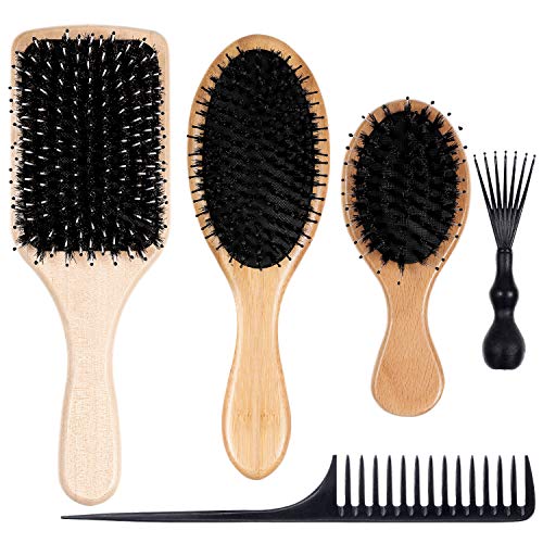 Juego de Peine y Cepillo de Pelo de 5 Piezas Cepillo y Peine con Cerdas de Jabalí, Cepillo de Paleta de Madera Natural y Cepillo de Peinado de Viaje Pequeño para Adulto Pelo Húmedo Seco Rizado y Liso