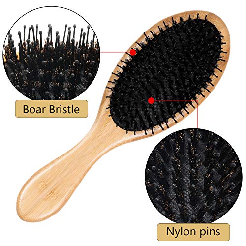 Juego de Peine y Cepillo de Pelo de 5 Piezas Cepillo y Peine con Cerdas de Jabalí, Cepillo de Paleta de Madera Natural y Cepillo de Peinado de Viaje Pequeño para Adulto Pelo Húmedo Seco Rizado y Liso