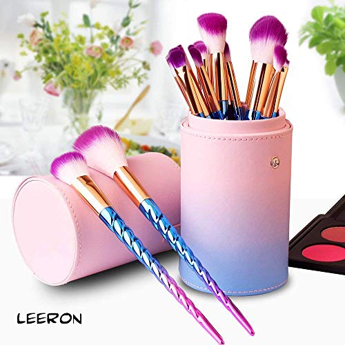 Juego de pinceles Unicorn para maquillaje profesional (12 unidades) de colores, con estuche protector de cuero