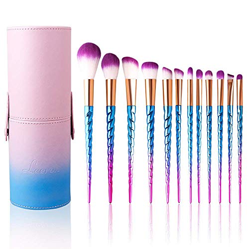 Juego de pinceles Unicorn para maquillaje profesional (12 unidades) de colores, con estuche protector de cuero