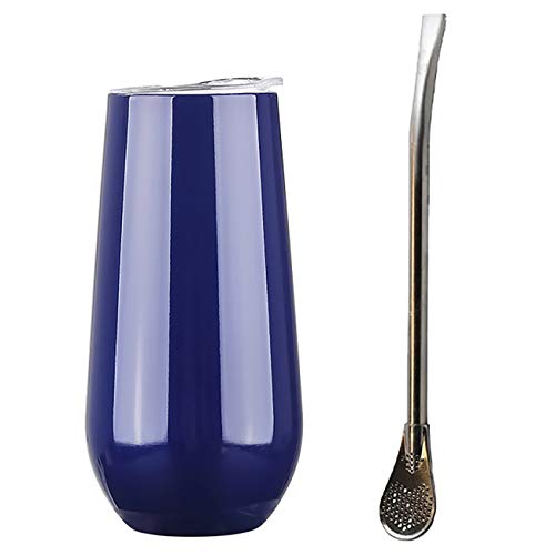 Juego de taza de té de calabaza Yerba Mate de acero inoxidable de diseño exclusivo actualizado - Incluye tapa y pajita Bombilla - Azul marino