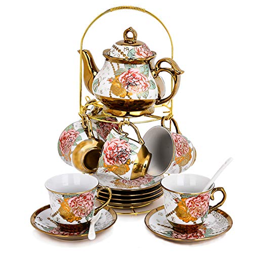 Juego De Té De Cerámico Clásico Europeo, Exquisita Flor Borde Dorado Juego De Té De Porcelana Juego De Café Vintage Con Soporte De Metal, Para Regalo, La Boda, La Familia Y La Oficina