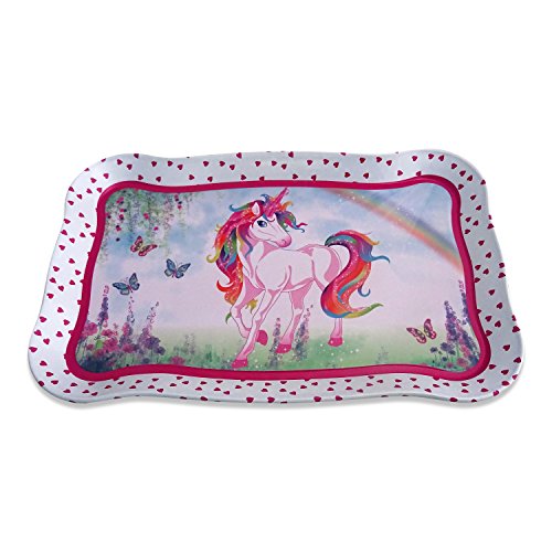 Juego de té de juguete en maletín de color rosa con unicornio mágico de Lucy Locket - Vajilla infantil de estaño de 14 piezas