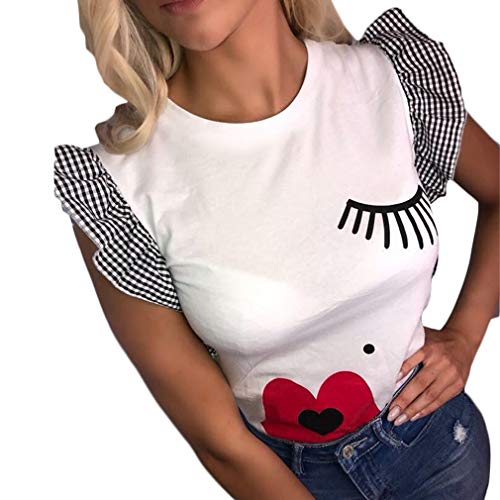 JYE Camiseta con Cuello Redondo y Manga de Volantes para Mujer Top Labios Rojos Patrón de pestañas Jersey Informal Blanco XL