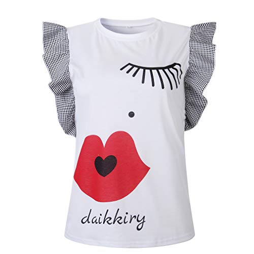 JYE Camiseta con Cuello Redondo y Manga de Volantes para Mujer Top Labios Rojos Patrón de pestañas Jersey Informal Blanco XL
