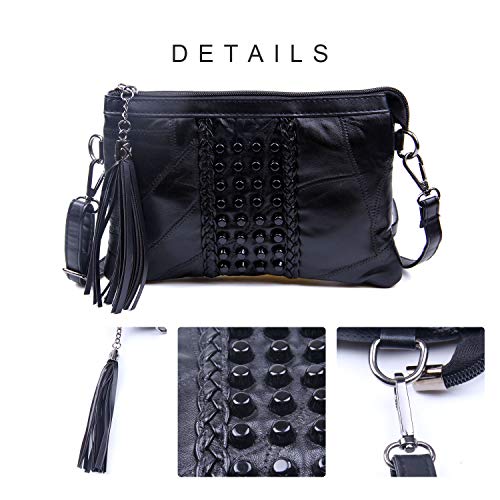 Jywmsc Mujeres Negro Cuerpo Cruzado Bolso Señoras Borla Cremallera Bolsos de Mano Remaches Hombro Bolso