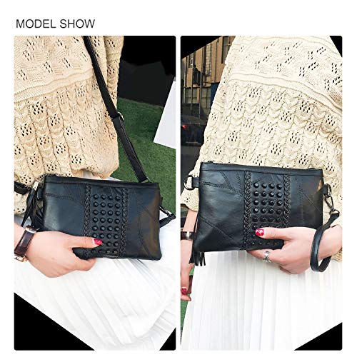 Jywmsc Mujeres Negro Cuerpo Cruzado Bolso Señoras Borla Cremallera Bolsos de Mano Remaches Hombro Bolso
