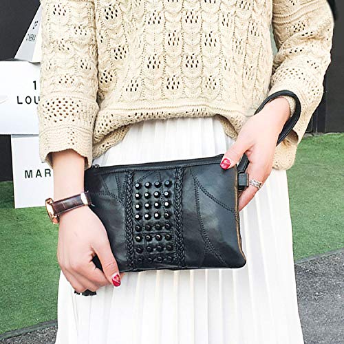 Jywmsc Mujeres Negro Cuerpo Cruzado Bolso Señoras Borla Cremallera Bolsos de Mano Remaches Hombro Bolso