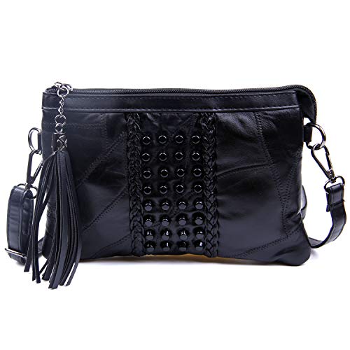 Jywmsc Mujeres Negro Cuerpo Cruzado Bolso Señoras Borla Cremallera Bolsos de Mano Remaches Hombro Bolso
