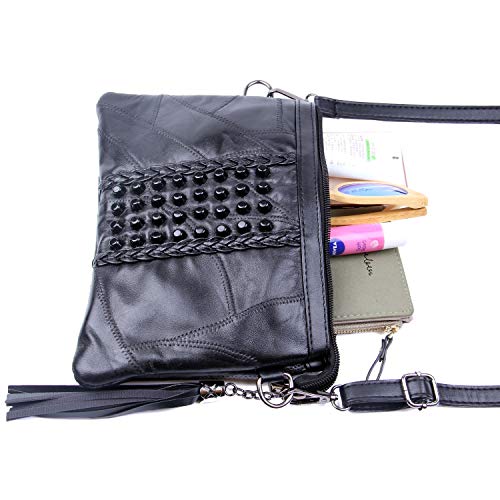 Jywmsc Mujeres Negro Cuerpo Cruzado Bolso Señoras Borla Cremallera Bolsos de Mano Remaches Hombro Bolso