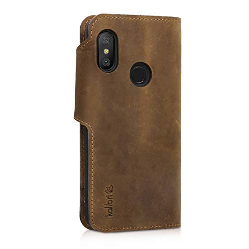 kalibri Funda Compatible con Xiaomi Redmi 6 Pro/Mi A2 Lite - Case con Tapa magnética de Cuero de Piel Real en marrón