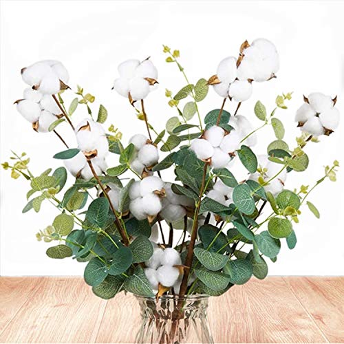 Kalolary - 6 tallos de algodón artificial de 53,3 cm, 4 cabezas de algodón con hojas de eucalipto para decoración del hogar, granja, boda, decoración floral