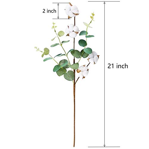 Kalolary - 6 tallos de algodón artificial de 53,3 cm, 4 cabezas de algodón con hojas de eucalipto para decoración del hogar, granja, boda, decoración floral
