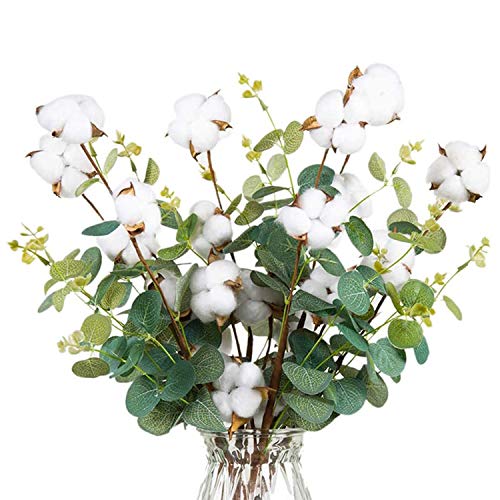 Kalolary - 6 tallos de algodón artificial de 53,3 cm, 4 cabezas de algodón con hojas de eucalipto para decoración del hogar, granja, boda, decoración floral
