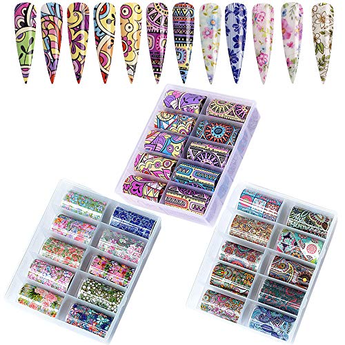 Kalolary Nail Art Foil, 30 Rollos Pegatinas Uñas Decorativas Nail Art Transfer Foil Nail Stickers Láminas para Manicuras Diseños DIY Uñas