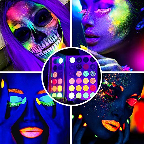 Kalolary Neon Paleta de sombras de ojos que brilla en la oscuridad, 24 colores Paleta de maquillaje de sombras de ojos altamente pigmentadas, Kit de maquillaje con brillo y brillo UV Blacklight