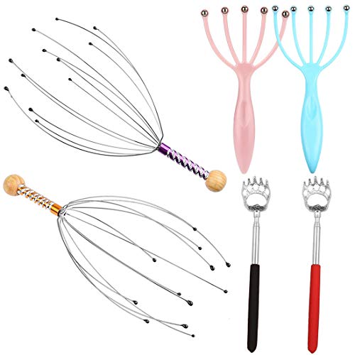 KECRULV Kit de Masaje para Cuero Cabelludo, 2 Rascadores de Cuero Cabelludo, 2 Rascadores Telescópicos para Espalda y 2 Masajeadores para Aliviar el Estrés y Sentirse Relajado