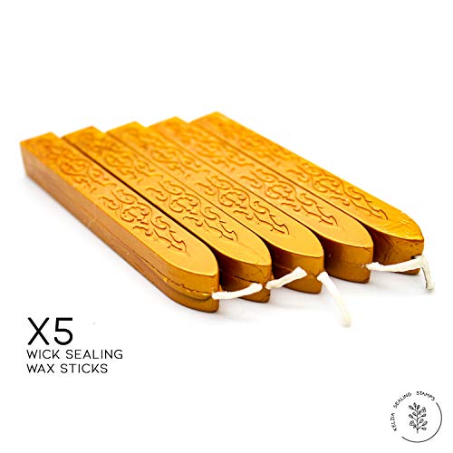 Kelzia Pack 5 Sticks de Cera Veganos para Sellos-Cera de Sellado Vintage para Lacrar con Mecha-Para Invitaciones de Boda Cumpleaños Tarjetas Regalo Cartas.(Pack Oro)