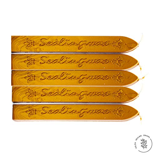 Kelzia Pack 5 Sticks de Cera Veganos para Sellos-Cera de Sellado Vintage para Lacrar con Mecha-Para Invitaciones de Boda Cumpleaños Tarjetas Regalo Cartas.(Pack Oro)