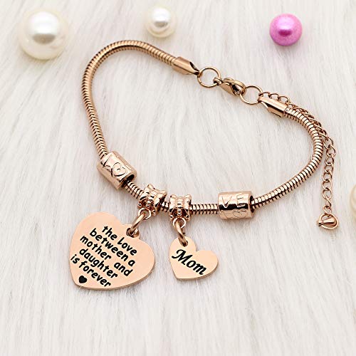 KENYG The Love Between Mother And Daughter is Forever chapado en oro rosa con forma de corazón, pulsera con colgante de letra, para el día de la madre, Navidad, cumpleaños, joyas