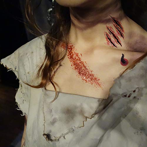 Kesote 16 Hojas de Halloween Pegatina Tatuaje Cicatrices Tatuajes Pegatinas con Falso Scab Tatuaje de 8 Modelos para Halloween