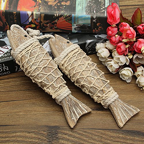 KING DO WAY 2 piezas de pescado de madera, estilo de la vendimia y el Mediterráneo 20cm X 5cm X 2.7cm Decoración Decoraciones de la familia Tallado de peces de madera