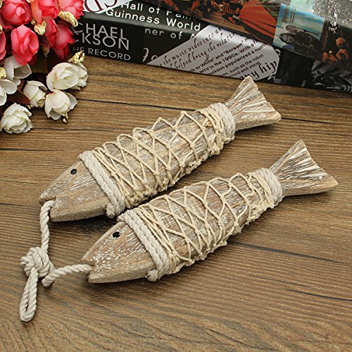 KING DO WAY 2 piezas de pescado de madera, estilo de la vendimia y el Mediterráneo 20cm X 5cm X 2.7cm Decoración Decoraciones de la familia Tallado de peces de madera