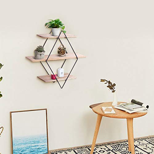KING DO WAY Estantería de Pared Rombo Acero Inoxidable, Baldas Flotantes con 3 tabelettes Madera, Decorativa Retro Almacenaje/Salón/Dormitorio/Cocina/Café, 50 x 50 x 19 cm