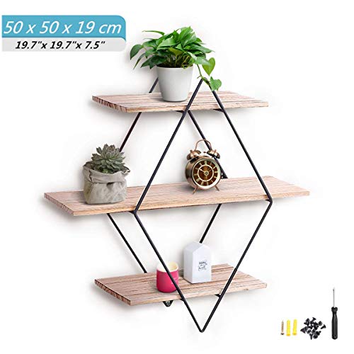 KING DO WAY Estantería de Pared Rombo Acero Inoxidable, Baldas Flotantes con 3 tabelettes Madera, Decorativa Retro Almacenaje/Salón/Dormitorio/Cocina/Café, 50 x 50 x 19 cm