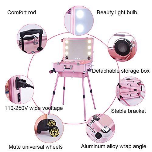 KINYNE Trolley Maletín De Maquillaje con Pantalla Completa Espejo LED Y Patas Ajustables + Heavy Duty Maquillaje Plegable Telescopic Artist Director Silla De Madera Plegable,Pink