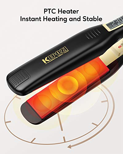 KIPOZI Plancha de Pelo Profesional, placa ancha de titanio con pantalla digital LCD, adecuada para todo tipo de cabello, doble voltaje (negro)