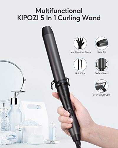 KIPOZI Rizador Pelo 5 en 1, Planchas Rizadoras Profesional Ceramica Muitifunción Barras con Diferentes Diámetros Intercambiables, Rizador de Pelo Incluye Guante Resistente al Calor, de Negro Gris