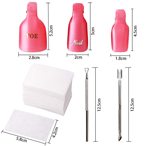 Kit de 10 Clip de Removedor de Esmaltes de Uña + 10 Clip para Pies + 200 Almohadillas de Algodón + 1 Herramienta Removedor de Uñas + 1 Quitar Cutículas
