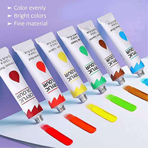 Kit de 12 Pinturas Acrílicas, Buluri Pintura Acrílica 12 ml Tubos con 3 Pinceles, Pintura Acrilica Manualidades, Pinturas Para Lienzo, Papel, Madera, Cerámica, Telas y Manualidad