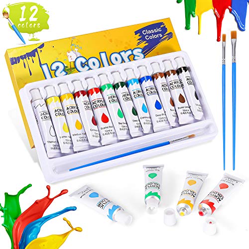 Kit de 12 Pinturas Acrílicas, Buluri Pintura Acrílica 12 ml Tubos con 3 Pinceles, Pintura Acrilica Manualidades, Pinturas Para Lienzo, Papel, Madera, Cerámica, Telas y Manualidad