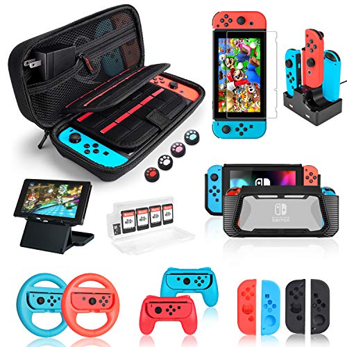 Kit de Accesorios 18 en 1para Nintendo Switch, con Protector de Pantalla, Soporte para Juegos, Tapa del Interruptor, Tapa del Joystick, protección del Cargador para Joy-con Joystick
