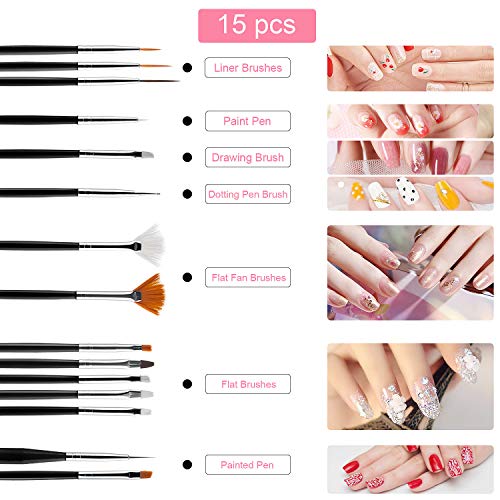 Kit de Accesorios Decoración Uñas Nail Art, GuKKK 39 Pcs Suministros de Uñas con Juego, 15 Pinceles para Uñas, Lápiz de Punto, Cintas Adhesivas Uñas, Uñas de Estrás, Kit de Herramientas para Manicura