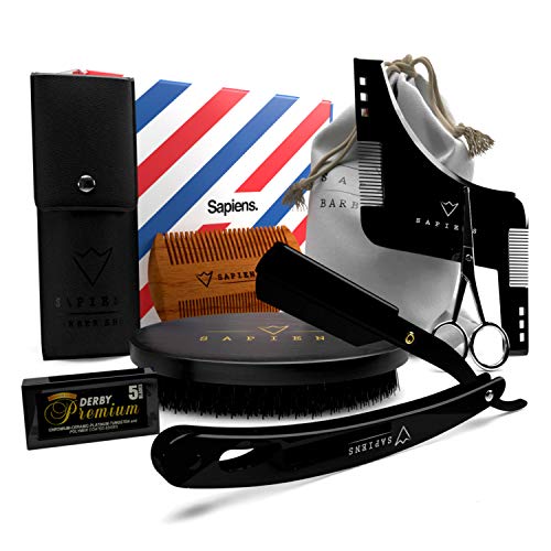 Kit de Barba Completo de Sapiens - Set de Cuidado y Afeitado de la Barba Hombre con Cepillo, Peine, Plantilla de Barba, Navaja de Afeitar de Barbero y Cuchillas Derby