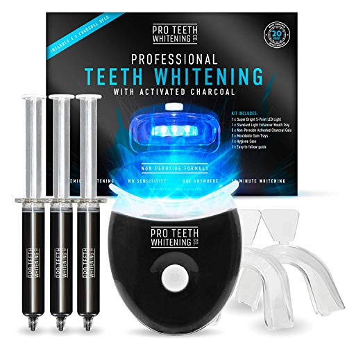 Kit de blanqueamiento dental profesional con carbón activo - Luz LED con 5 puntos - férula bucal abrillantadora - 3 x jeringuillas con fórmula sin peróxido - producido por Pro Teeth Whitening Co.