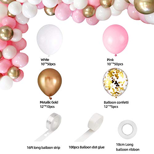 Kit de guirnalda de globos Arch, AivaToba 6 pies de largo 115 piezas Globos de oro blanco rosa Paquete de arco para niña Cumpleaños Baby Shower Despedida de soltera Decoraciones de la boda
